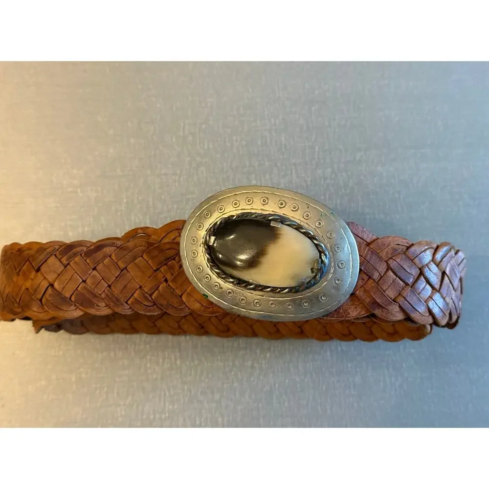 Chico's Vintage Braided Leather Belt Western Silver Agate Stone Buckle Boho M/L